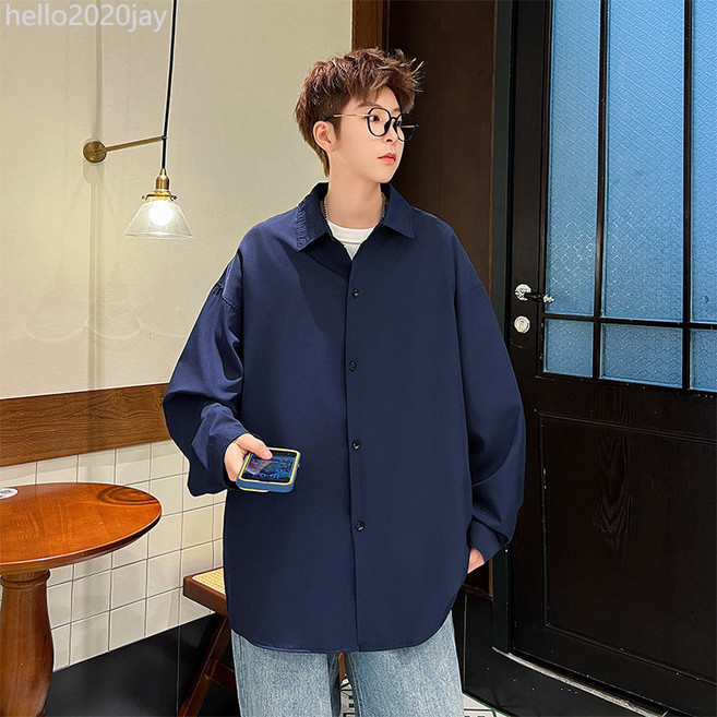長袖襯衫男士痞帥春夏季休閒寬鬆高級港風襯衣外套大碼潮流純色