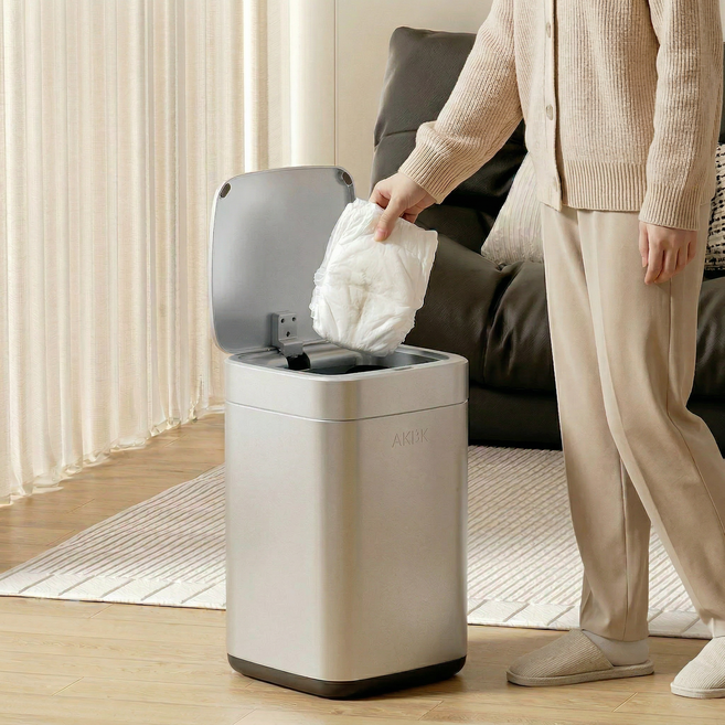 Aourk 스마트 센서 휴지통 스텐 냄새차단 기저귀 쓰레기통, 은색