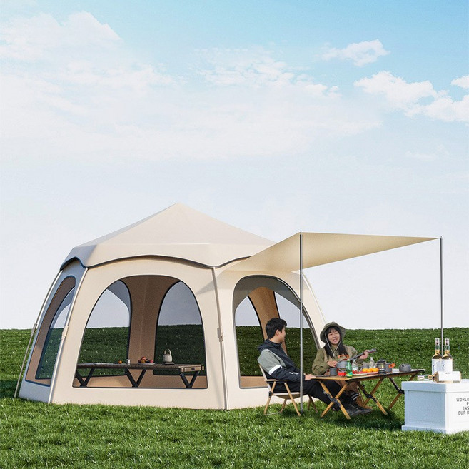 다목적 원터치텐트 캠핑 그늘막 텐트 휴대하기 쉽고 방수 육각 돔형 텐트, 베이지, 3-4인용
