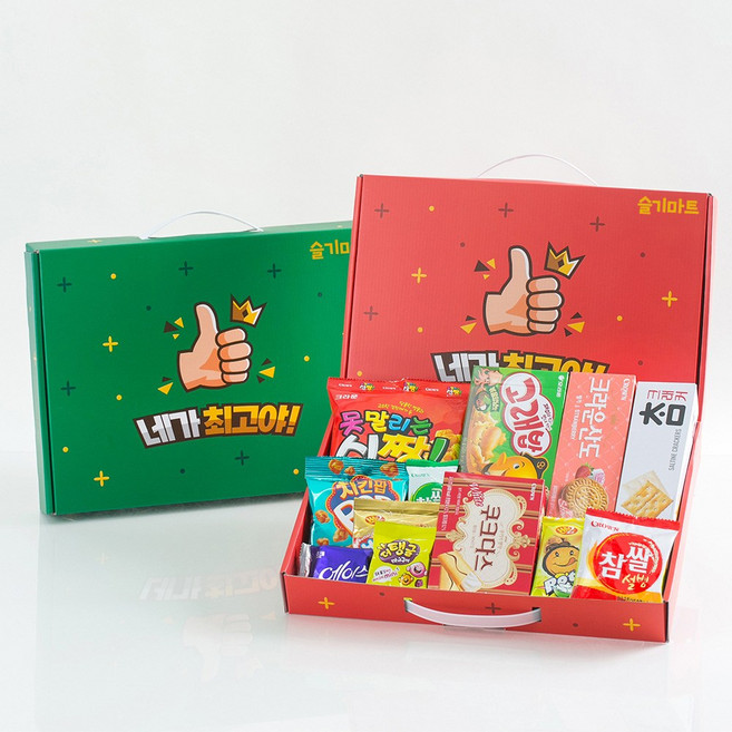 슬기마트 내가최고야 간식 꾸러미 종합과자 선물세트 학교 단체 행사 간식세트 12가지 (쿠쿠다스 산도 고래밥 신짱 외) 개별포장, 1박스, 그린 상자 12종