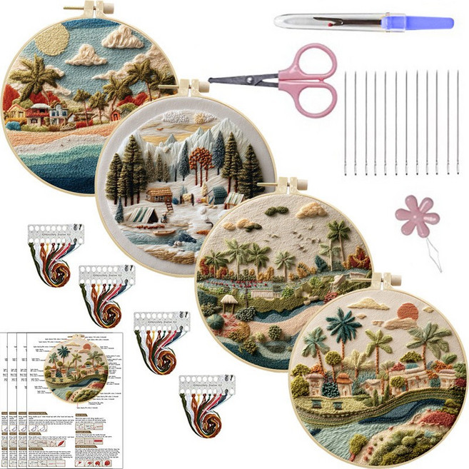 素子绣 刺繡材料包 風景系列DIY手工藝套件, 陽光沙灘 山間雪景 熱帶海灘 海邊日出,材料包 15cm竹繡繃 剪刀三件套, 1個