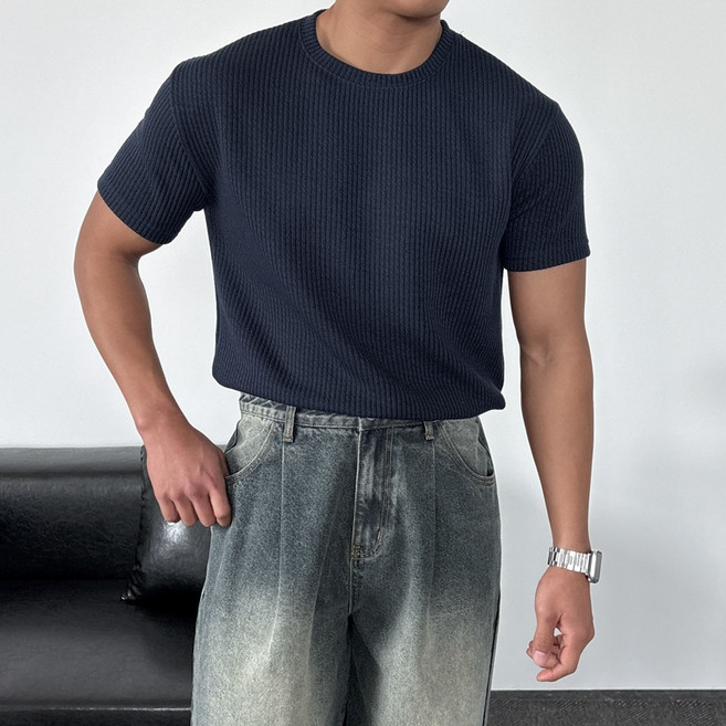 남자 머슬핏 골지 반팔 니트 스판 구김없는 반팔니트남성