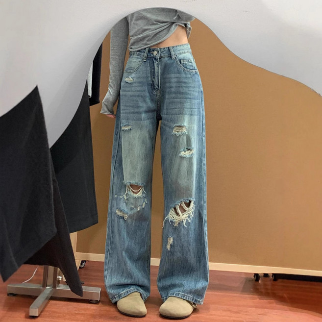 SAHINER 여성 데님 와이드 팬츠 하이웨스트 찢어진 여름용 캐주얼 BPD15