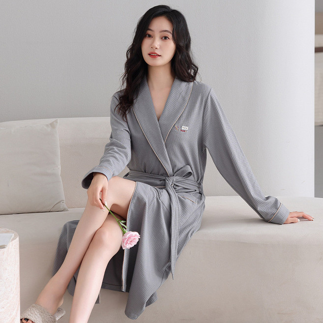 純棉情侶睡袍，長袖寬鬆家居服，適合秋季及春秋季，酒店浴袍浴衣, Z25773鋅灰,XL, 1個