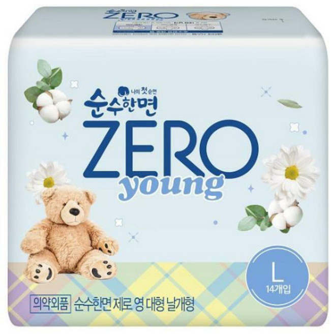 순수한면 제로 영 생리대 날개형, 대형, 14개입, 10개