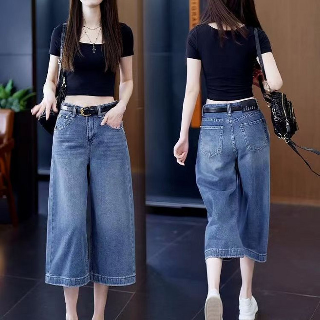 삼제태전 여성용 여름 데님 7부 와이드 팬츠 밴딩 루즈핏 연청 데일리룩 날씬해보이는 캐주얼 바지