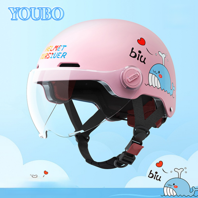 YOUBO 兒童頭盔 適用6-12歲 夏季通風 滑板腳踏車, 粉色鯨魚 - 透明短鏡