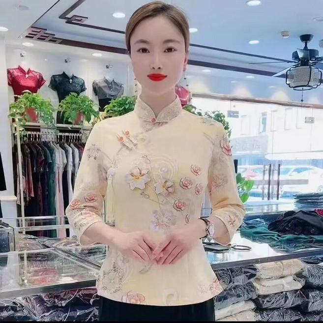 【新中式改良】短款旗袍 旗袍上衣 中式上衣 中國風上衣 斜襟薄款衫 七分袖設計 夏季日常穿搭 改良國風女裝, 黃色*2515