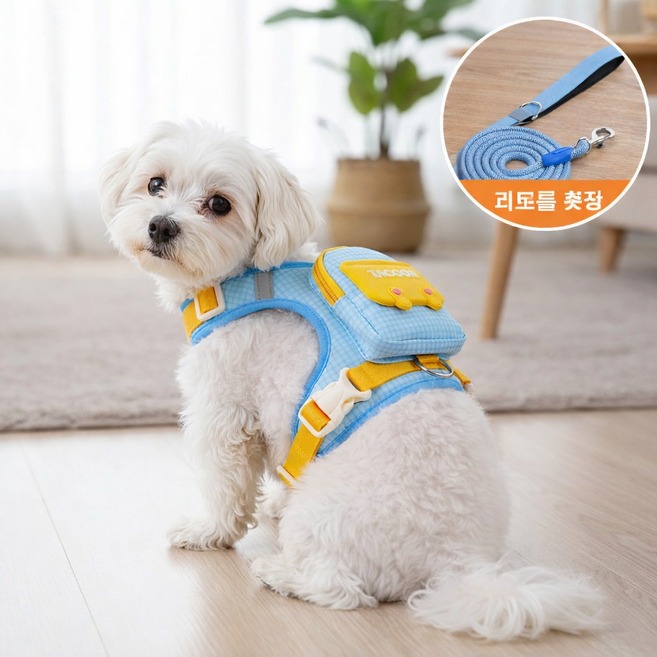 강아지 자동리드줄 격자 하네스 배낭형 산책줄 수납형 반려견 외출용 가슴줄, 1개, 블루 색상 / 리드줄 증정