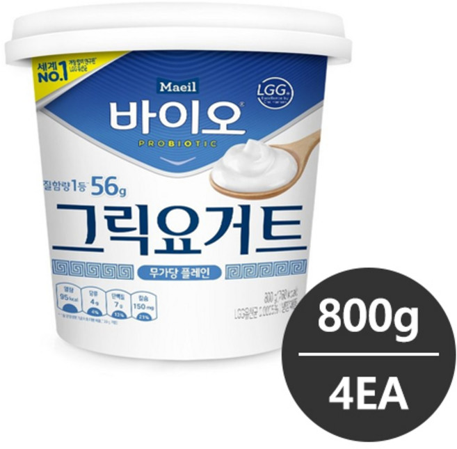매일유업 바이오 그릭요거트 무가당 플레인 800g (냉장배송) 무배, 4개