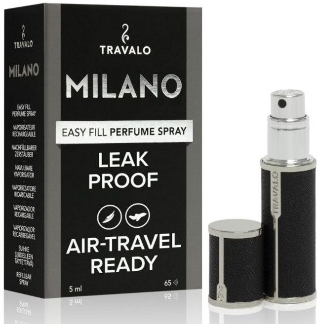 트라발로 밀라노 향수 아토마이저 번들 - 누수 방지 및 항공 여행용 TSA 승인 재사용 가능 이지 필 미니 펌프 스프레이어 광택 금속이 포함된 비건 가죽 화이트 아쿠아 퍼