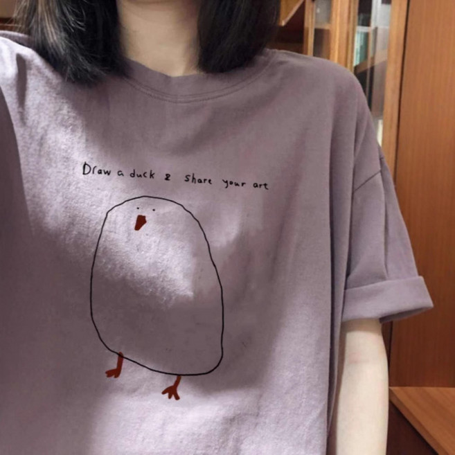 유니픽 여성 봄여름 순면 귀여운 오리 프린트 반팔 티셔츠 루즈핏 캐주얼djz