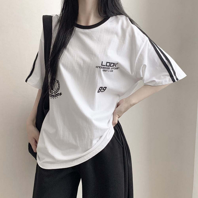 트랙라인 스포티 루즈핏 배색 레터링 그래픽 코든 반팔티셔츠