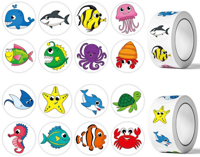1000매 2롤 바다 생물 물고기 스티커, 1세트, 바다생물1(500매)+바다생물2(500매)
