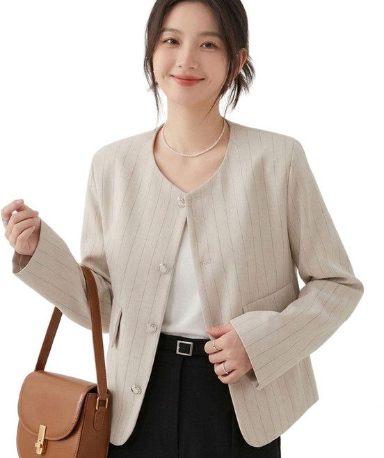 메리앤유 노카라 핀스트라이프 크롭 자켓 여성 라운드넥 세미정장 오피스룩