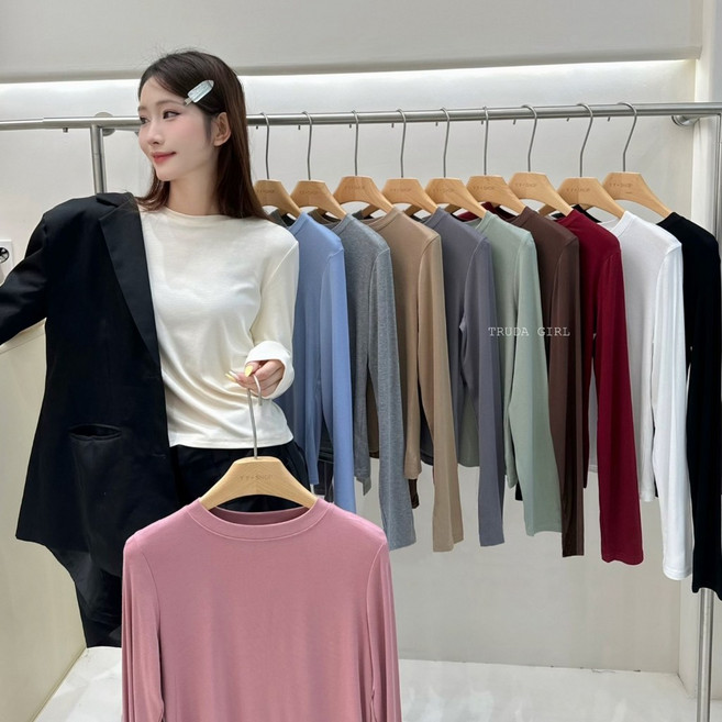 《杜達女孩》秋冬細螺紋高彈棉質薄長袖圓領素面內搭打底衫t恤