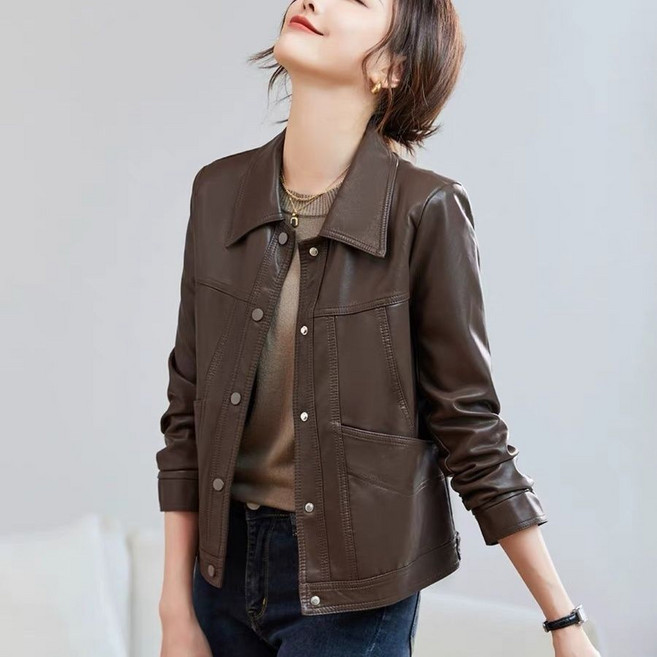 중년 여성 pu 가죽 자켓 봄가을 루즈핏 슬림핏 레더 재킷 엄마 패션 캐주얼 라이더 코트상의 LJX