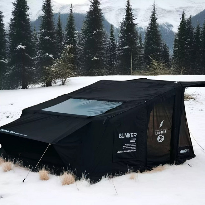 Dawning Fire 7분 초간단설치 주차장 포함 대형 에어텐트 가족 캠핑용 4계절 방수 확장형 (프라이버시창+파노라마뷰), 블랙