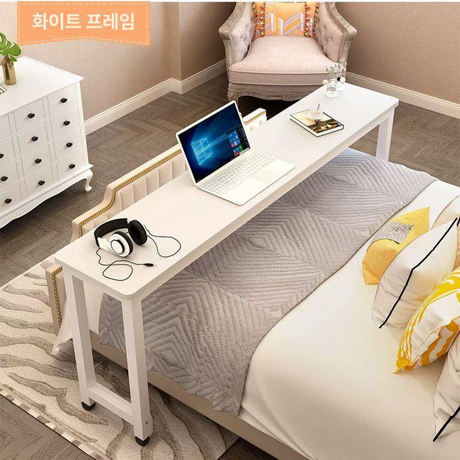 슬라이딩 이동식 긴책상 테이블 트레이 침대 노트북 협탁, 플랫 스타일 화이트 표면+화이트 프레임