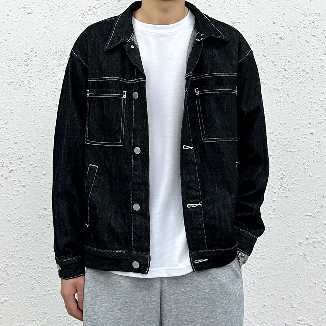 더맨쉽 남자 오버핏 논페이드 생지 스티치 데님 자켓 진청 흑청 GQTJP69001