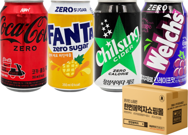 [한번에먹자] 저칼로리 제로 탄산음료 세트 4종 ( 코카콜라 + 환타 파인애플 + 칠성사이다 + 웰치스 포도 ) 배달용 업소용 편의점음료 사무실 탕비실 PC방 식자재 뚱캔, 24개, 355ml