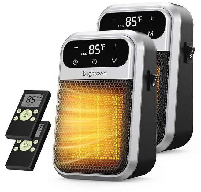 리모컨이 있는 800W 플러그인 히터 터치 LED 디스플레이가 콘센트 공간 조절 가능한 온도 조절기가 실내용 소형 전기 벽 욕실 사무실 침실용 12시간 타이머, 2 Pack, Silver, 실버