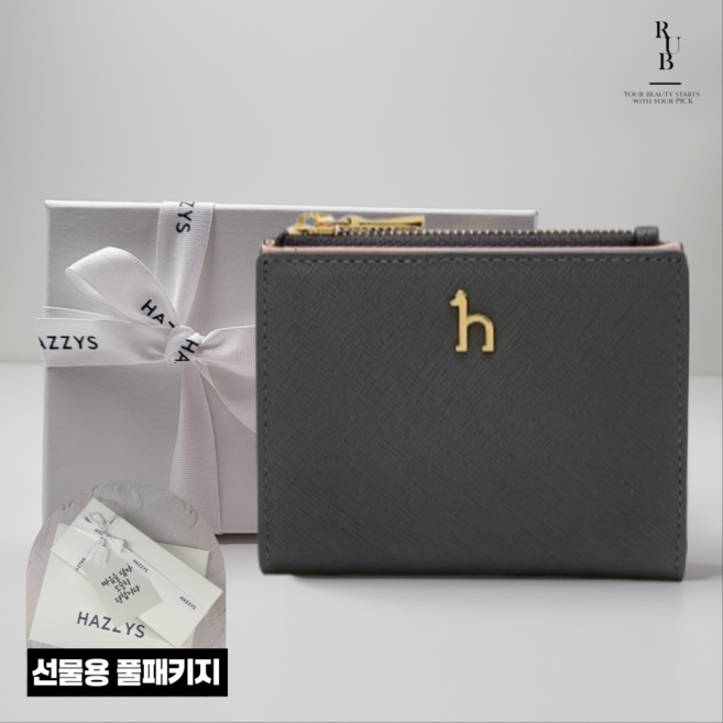 헤지스 여성 모노톤 그레이 소가죽 반지갑 선물용 풀패키지