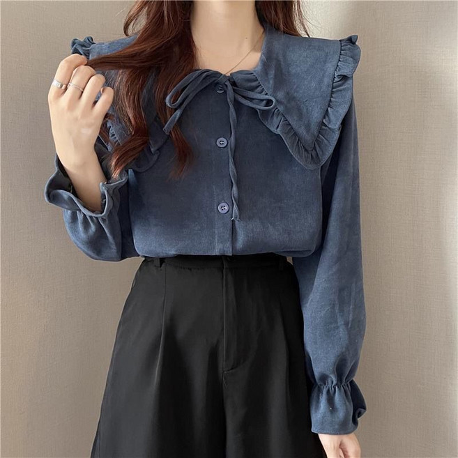 MAKABORO 여성 코듀로이 셔츠 리본 빅카라 루즈핏 나팔소매 무지 데일리 긴팔 셔츠