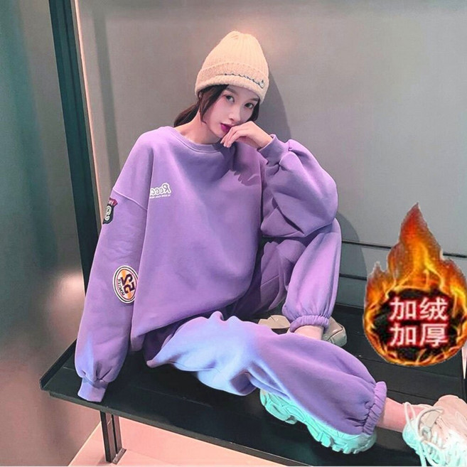抗寒熱銷 秋冬加絨加厚運動套裝女 刷毛保暖衛衣 束口長褲兩件套 冬季必備 限時優惠 a0058