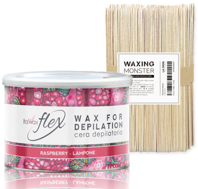 ITALWAX 넓은부위용 소프트 플렉스 틴 라즈베리 400g + 왁싱몬스터 스파츌라 L 100개입, 1개