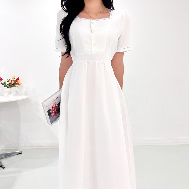 투디 스티치 포인트 브이넥 퍼프소매 핀턱 롱원피스