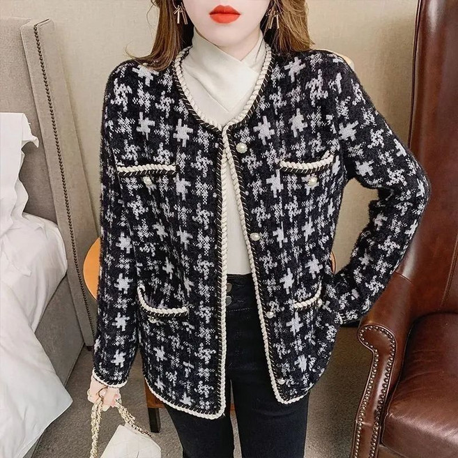 여성 가을 겨울 로맨틱한 트위드 소재 체크 슬림핏 캐주얼 숏자켓 데일리 라운드넥 우아한 편안한 긴팔 완벽 재킷 코트 슬림소녀 SLIM GIRL