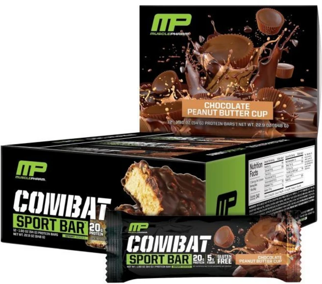 Muscle Pharm 에너지바 머슬팜 컴뱃 스포츠 바 초콜릿 땅콩버터 컵 고단백 갈망 유청 단백질 20g 섬유질 5g 글루텐 프리 12개입, 12개(1팩) - 쿠팡