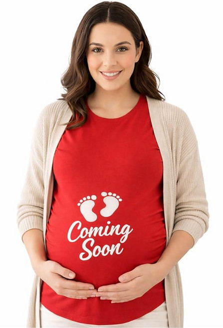 임산부 상의 에센셜 with Coming Soon Baby Feetprint 그래픽 티셔츠 반소매 사이드 주름 티셔츠 레드 XL