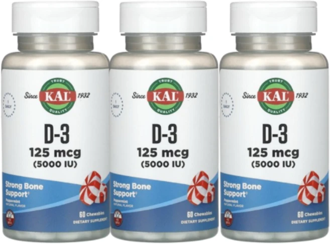 2+1 KAL 비타민D3 페퍼민트 125mcg 5000IU 츄어블 60정, 3개 - 쿠팡