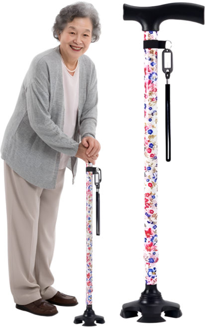 에이리브 노인 미끄럼방지 네발 길이조절 꽃 어르신 여성용 가벼운 지팡이, 1개, 화이트