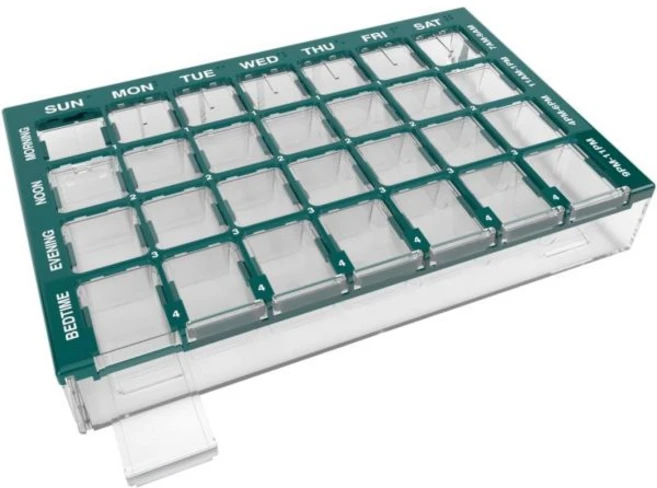 이지 도즈 알약 정리함 주간7일 메디신 플래너 비타민 박스 필 트레이 케이스가 있는 작은 수납공간 하루 4회 사용하기 쉬운 용기 투명 뚜껑 파란색 BPA 프리, Medium, Green, 1개 - 쿠팡