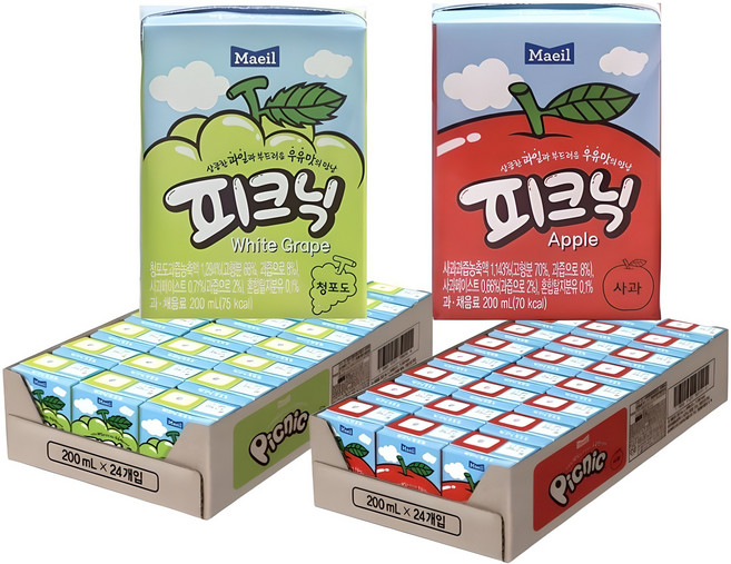 매일유업 피크닉 사과 200ml 24팩 + 피크닉 청포도 200ml 24팩, 48개