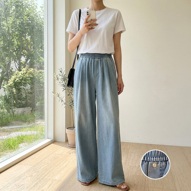 사라고 여성 와이드 데님 밴딩 팬츠 여름 얇은 통바지