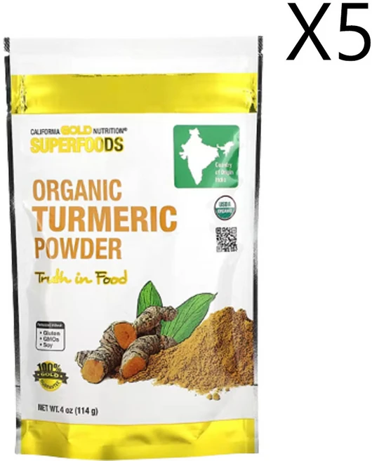캘리포니아골드뉴트리션 슈퍼푸드 유기농 터메릭 강황 분말 114g, 113g, 5개 - 쿠팡