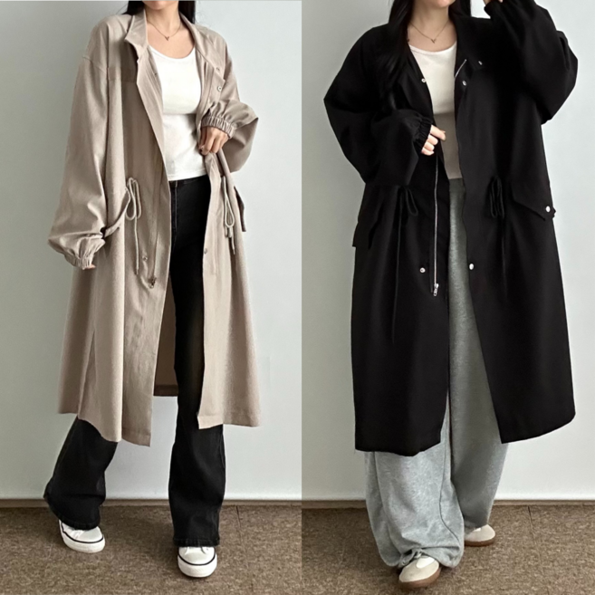 핏몬 여성 간절기 빅사이즈 스트링 롱 야상 오버핏 자켓 봄 가을 잠바