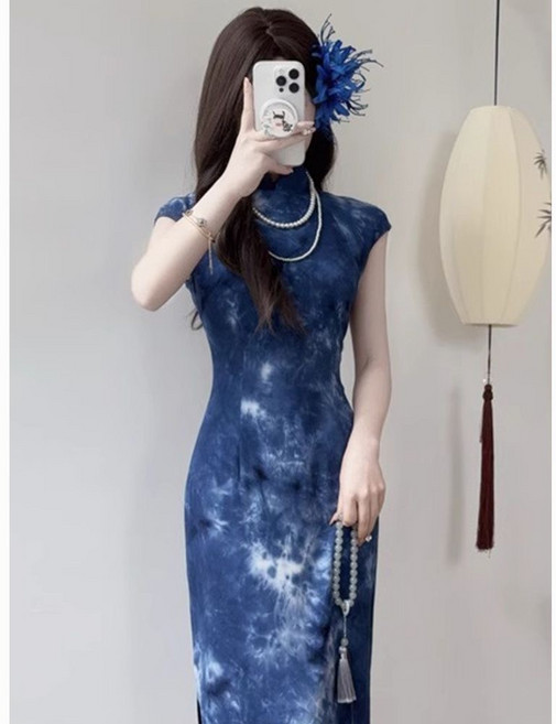 藍染新中式旗袍連衣裙, 深藍