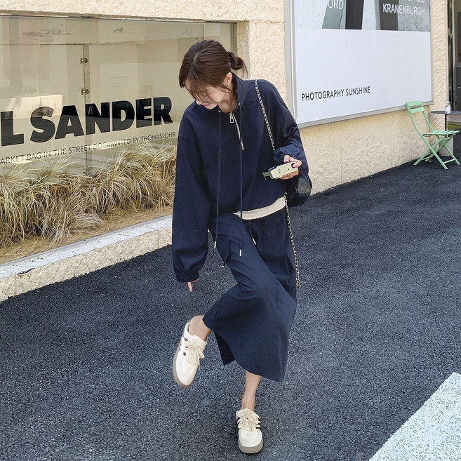AOKADA 여성 봄 가을 레이어드 반집업 맨투맨 스커트 상하의 세트
