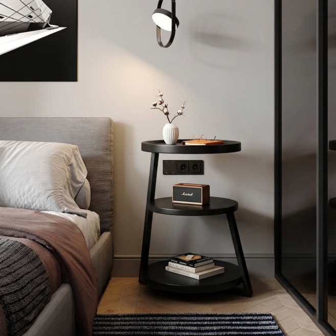 사이드 테이블 3단 티테이블 수납 선반형 모던 심플 인테리어 거실 침대 엽 협탁, 블랙