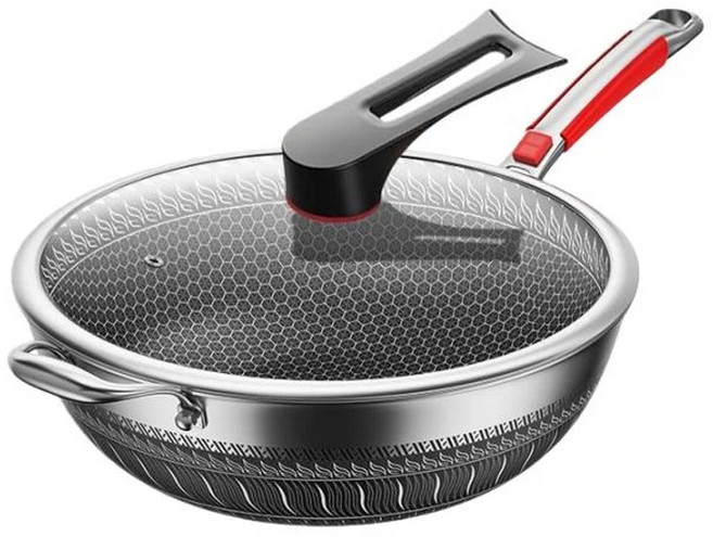 32CM雙面蜂紋不沾炒鍋 附耳帶蓋 適用於瓦斯爐及電磁爐, 1個, 32cm【帶蓋】 帶側耳