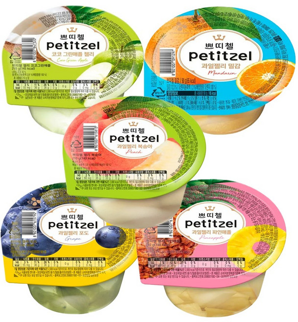 쁘띠첼 과일젤리 5가지맛 간식셋트 210g 큰컵 푸딩 밀감5+복숭아5+포도5+애플그린5+파인애플5, 25개