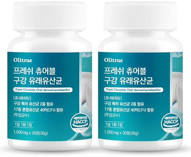 올리트루 프레시 츄어블 구강 유래유산균 식약처인증, 2개, 30정 - 쿠팡