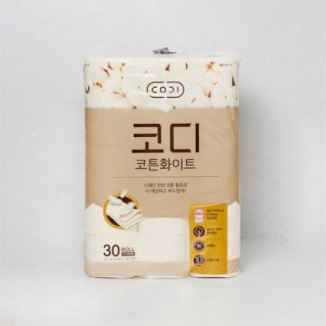 코디 코튼화이트 3겹 펄프 화장지 30m x 30롤 2팩, 30개