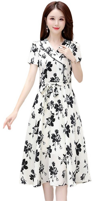 ROYALBELLE 여성 플라워 반팔 롱 원피스 카라넥 허리 슬림핏 고급 플레어 원피스 H032504