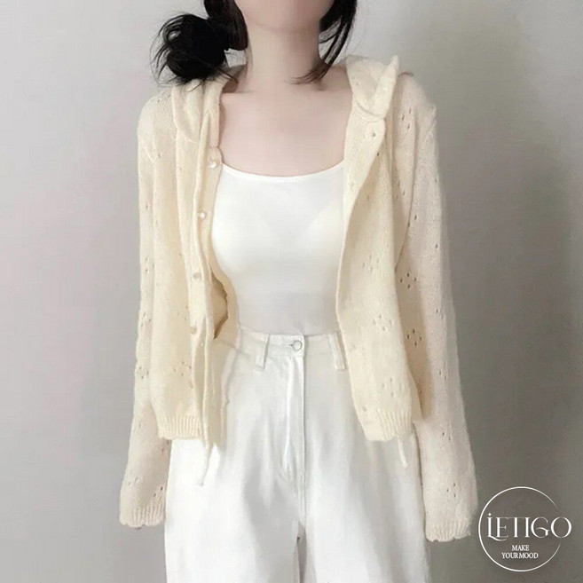 레티고 부들부들 교복템 소프트 펀칭 후드 니트 긴팔 가디건